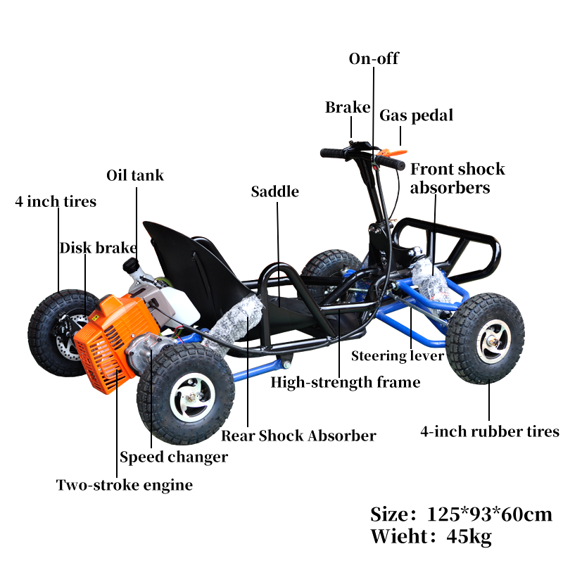 4"Wheel All-Terrain Adventure Go-Kart with High-Performance Two-Stroke Engine for Exhilarating Off-Road Experiences on Challenging Trails